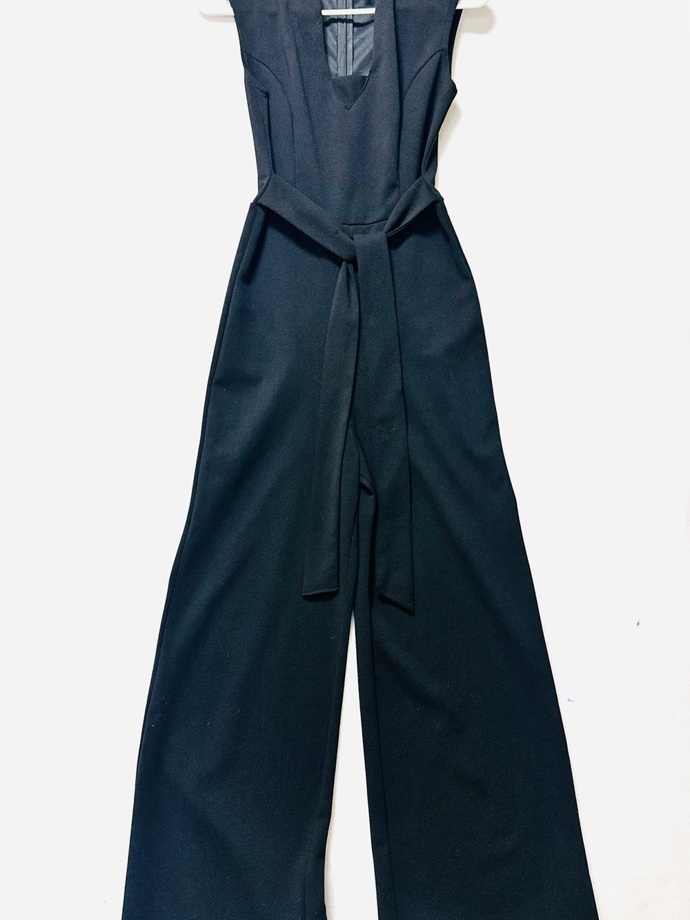 Sleeveless Black V-Neck Wide-Leg Jumpsuit with Self Tie Belt